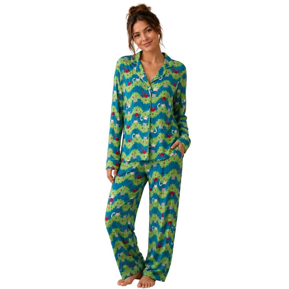 Nite Nite Munki Munki Christmas Tree Pajama Set Playful Cats Xmas XS